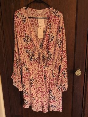 Pink and Navy Animal Print Tie-Front Romper Size 2X Emily Wonder
